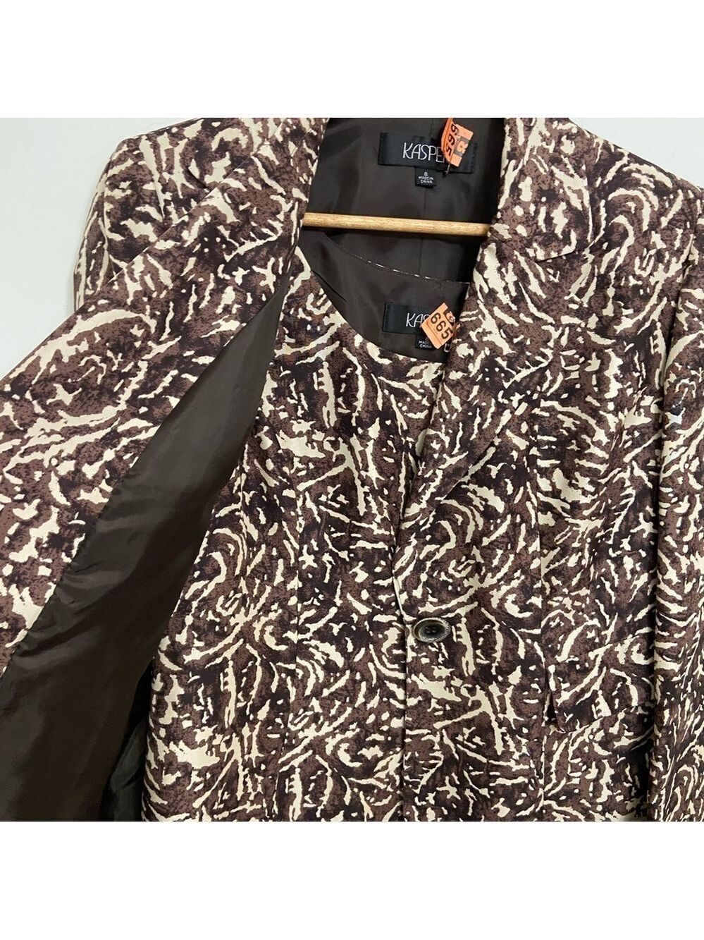 Kasper Pure Silk 2-Piece Blazer & Camisole Brown Black Cream Abstract Size US 8 - Picture 7 of 16